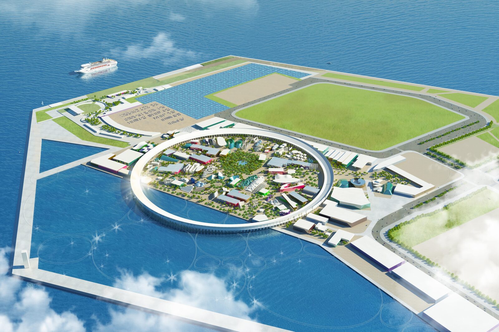 render van kustgebied met water, groen en cirkelachtig bouwwerk